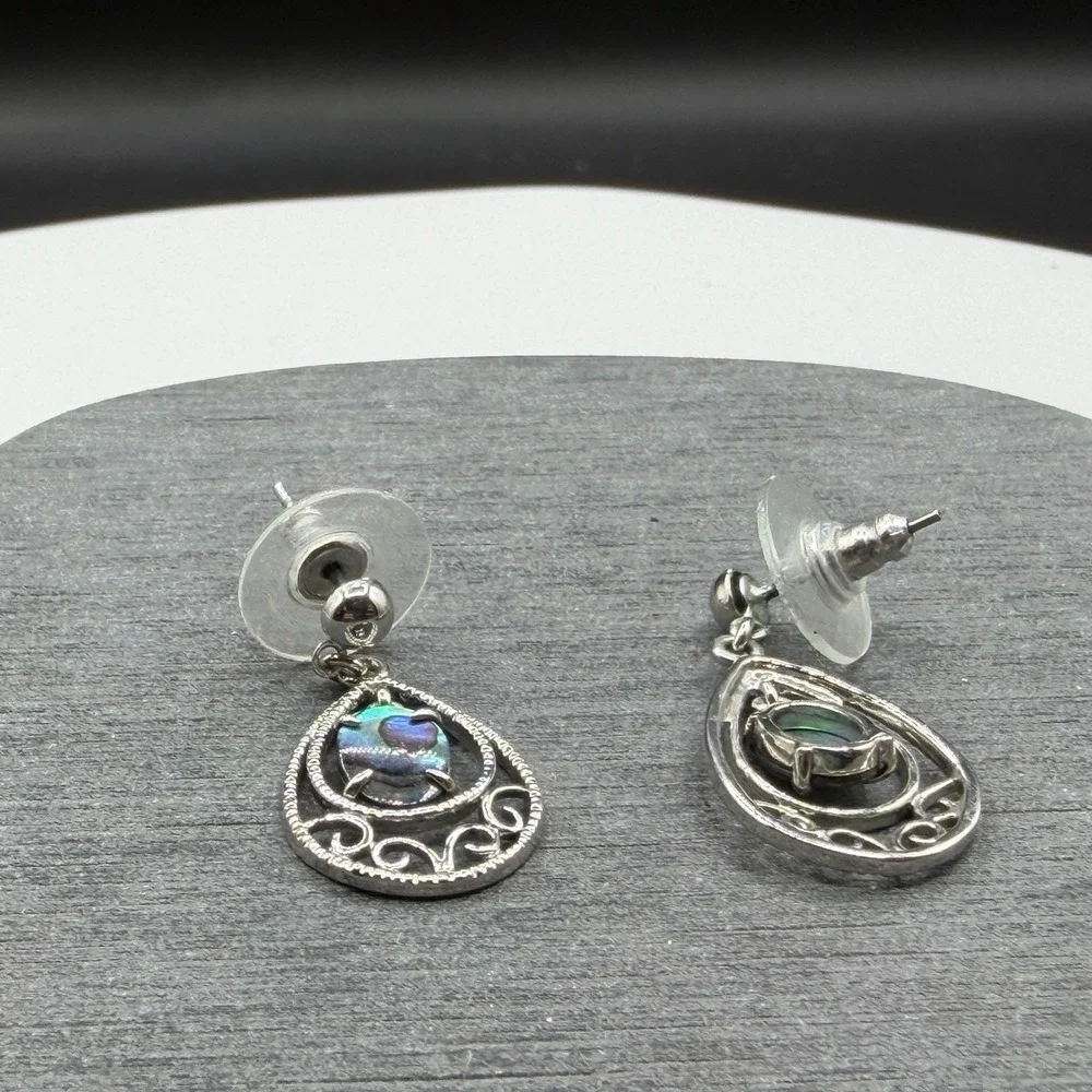 Abalone Shell Teardrop Dangle Earrings Silver Tone Scroll Drop Boho Jewelry